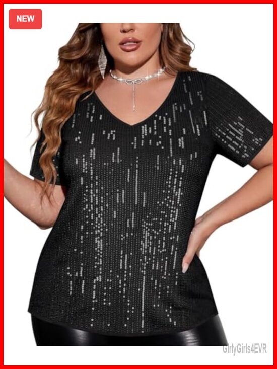 Tops - Plus Size Sequin Tunic Short Sleeve V-Neck Party Sparkly Top
